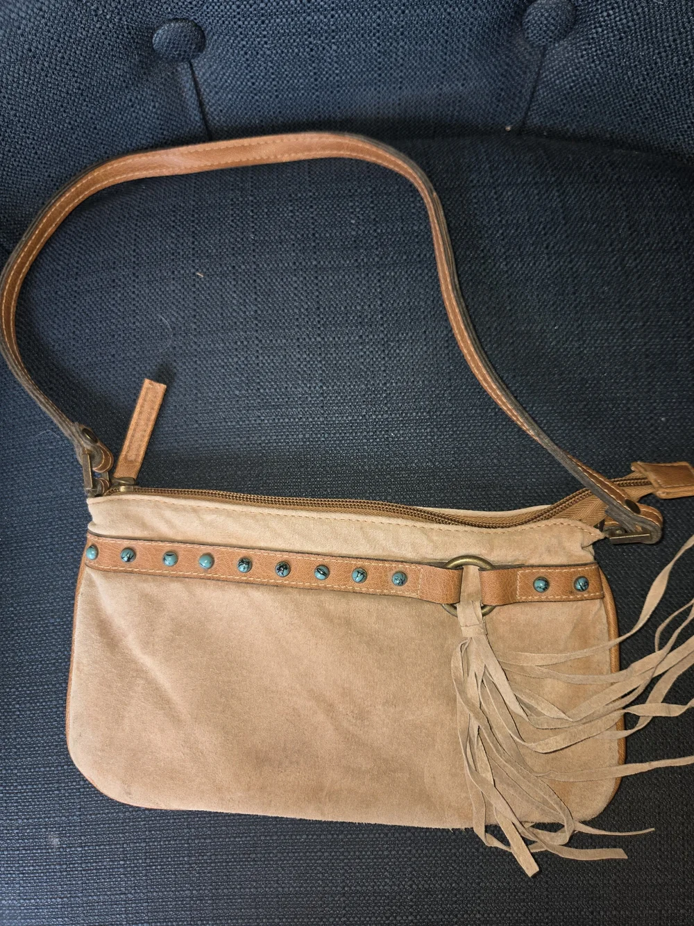 Vintage Fashion Express Tan Fringe Crossbody Bag with Turquoise Stud Accents